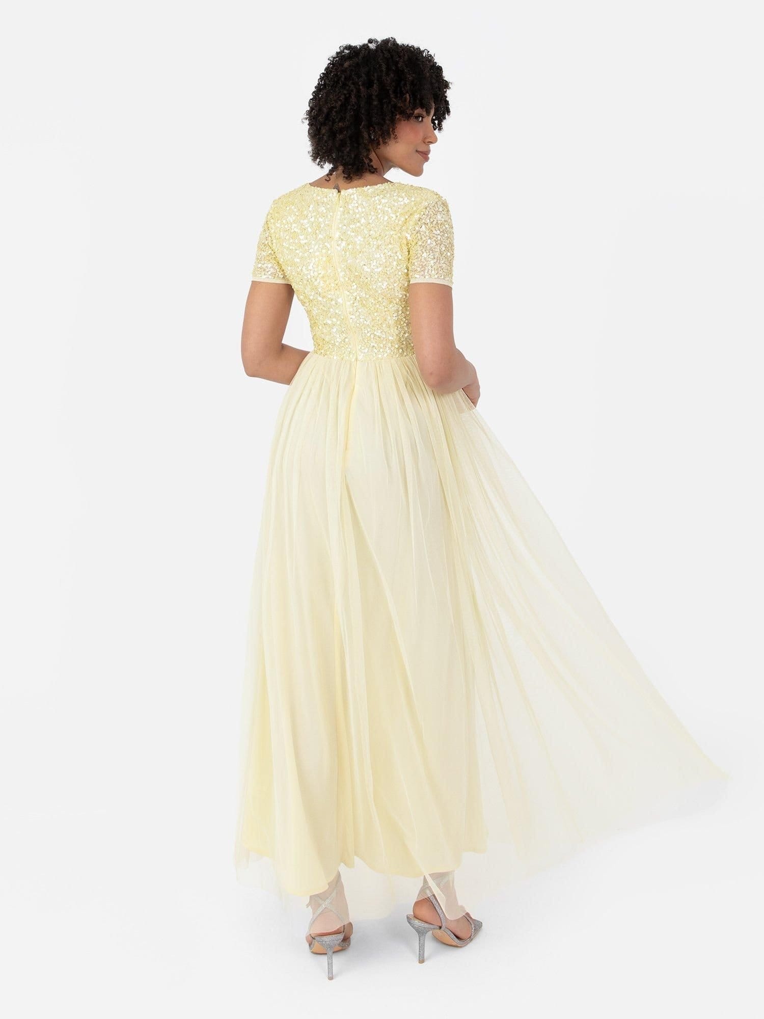 Maya Deluxe Maya Deluxe Women's Short Sleeve V Neck Embellished Maxi Dress in Yellow - 4