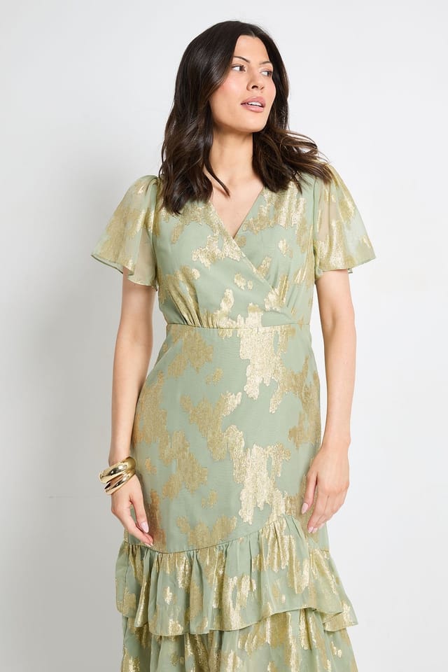 Wallis Wallis Women's Metallic Ruffle Hem Midi Dress in Sage - 2