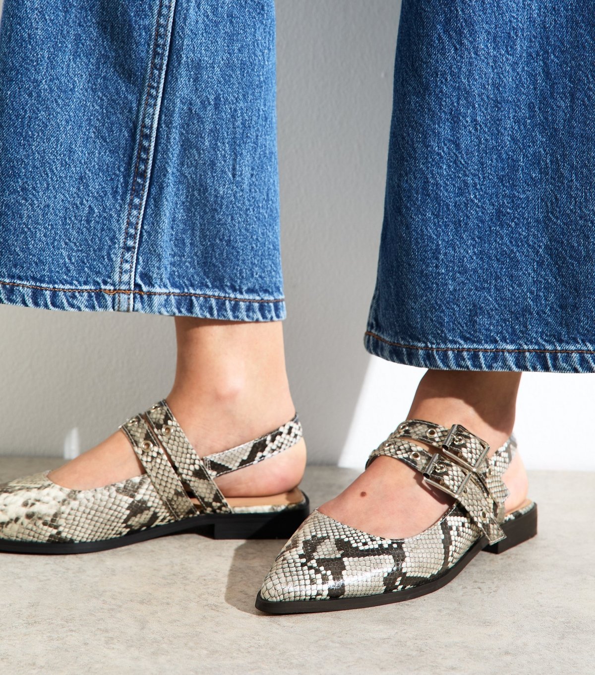 New Look Women's Snake Print Faux Leather Eyelet Strap Mary Jane Flats Vegan New Look - 2