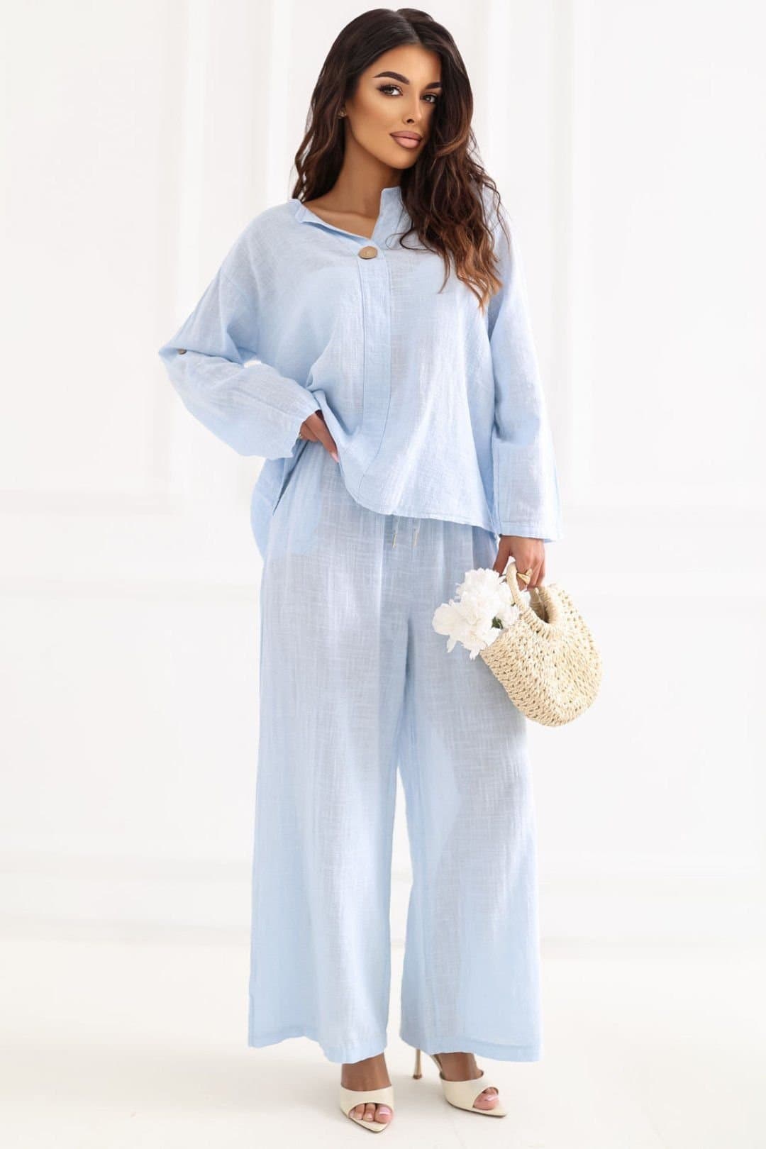 Love Lace Love Lace Women's Italian Cotton High Waist Wide Leg Tie Trousers in Blue