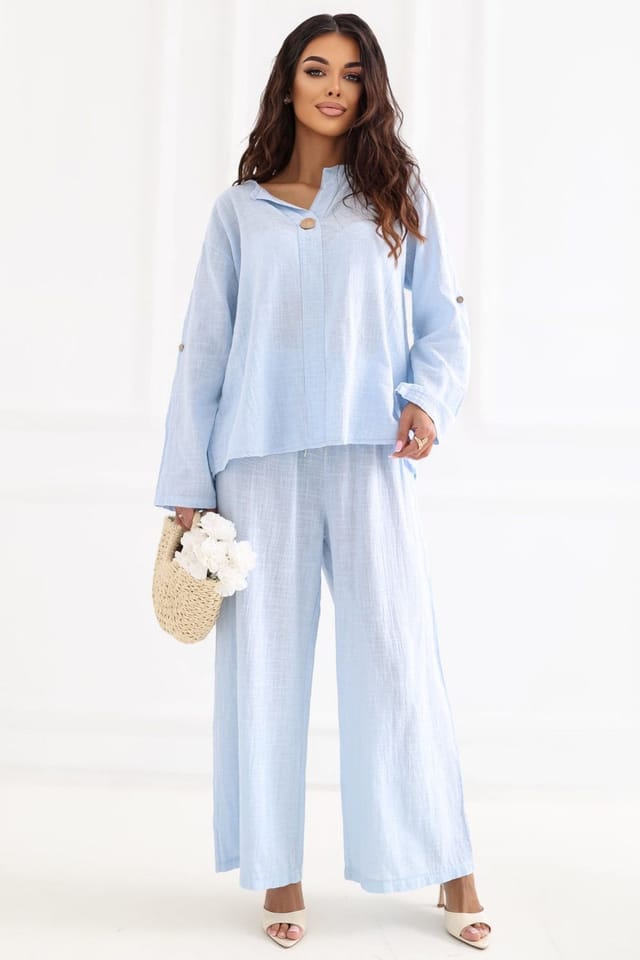 Love Lace Love Lace Women's Italian Cotton High Waist Wide Leg Tie Trousers in Blue - 2