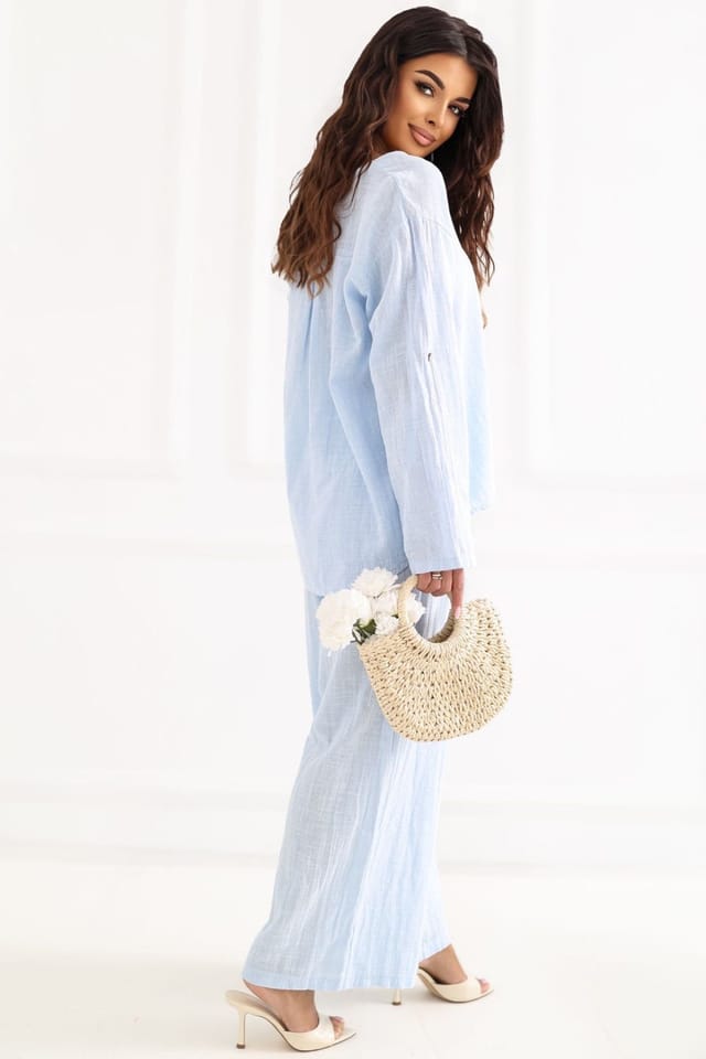 Love Lace Love Lace Women's Italian Cotton High Waist Wide Leg Tie Trousers in Blue - 3
