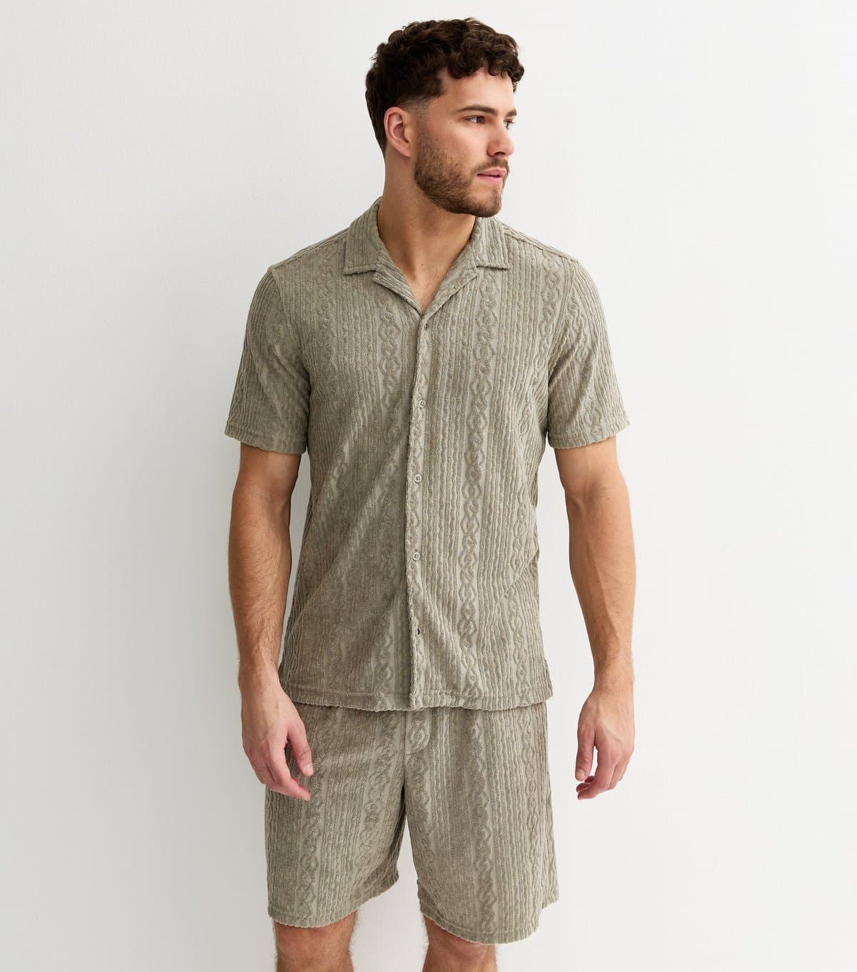 New Look Men's Light Khaki Regular Patterned Terry Towelling Shirt New Look