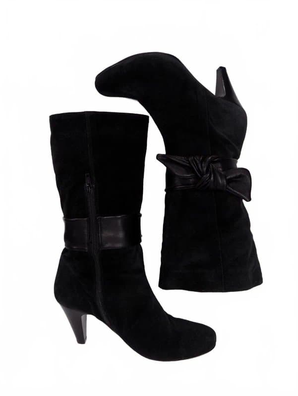Principles Black Suede Mid Calf Boots Womes UK 5 EU 38 Block High Heel Principles Bow Zip