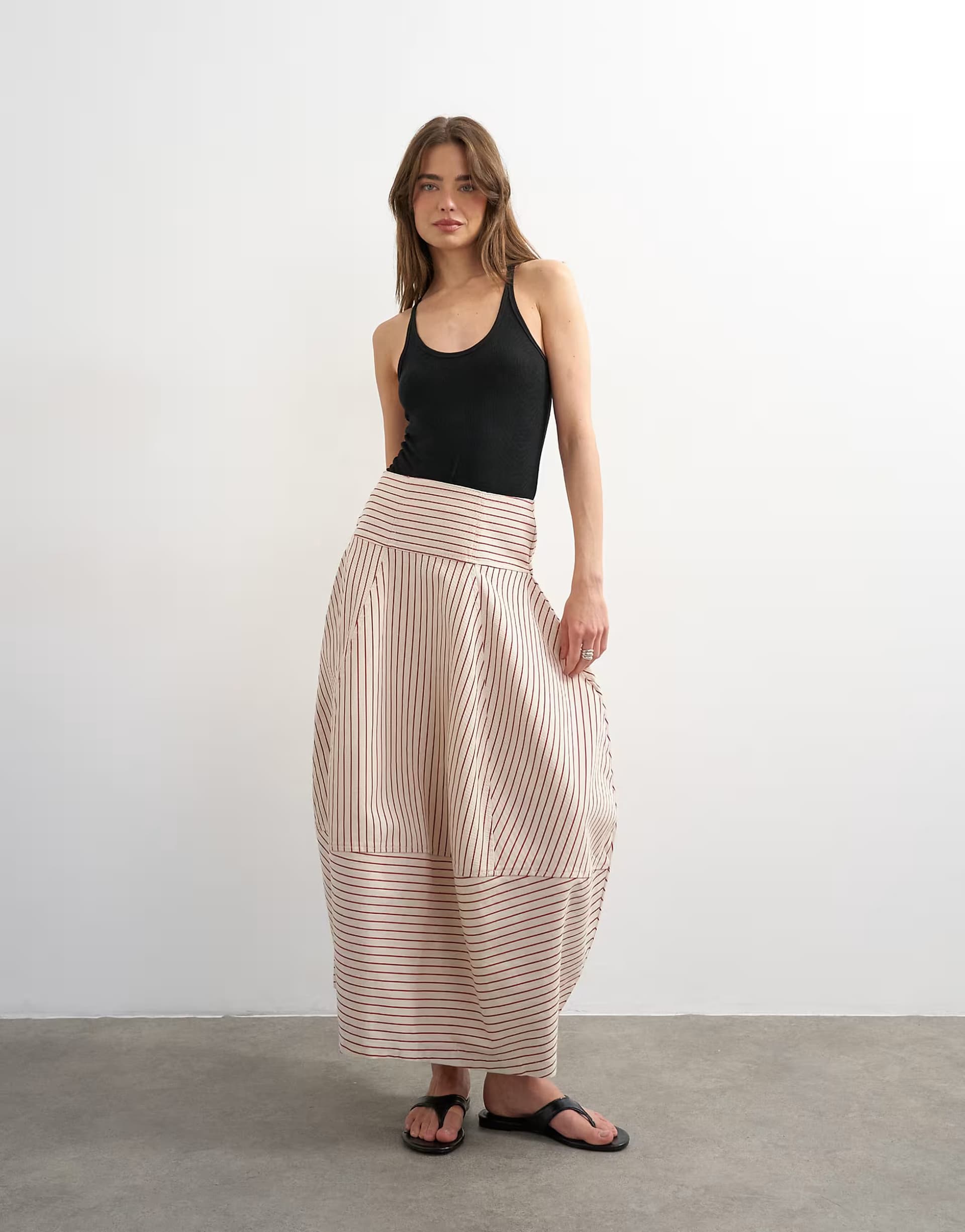 ASOS Topshop denim barrel seamed maxi skirt in red and ecru stripe
