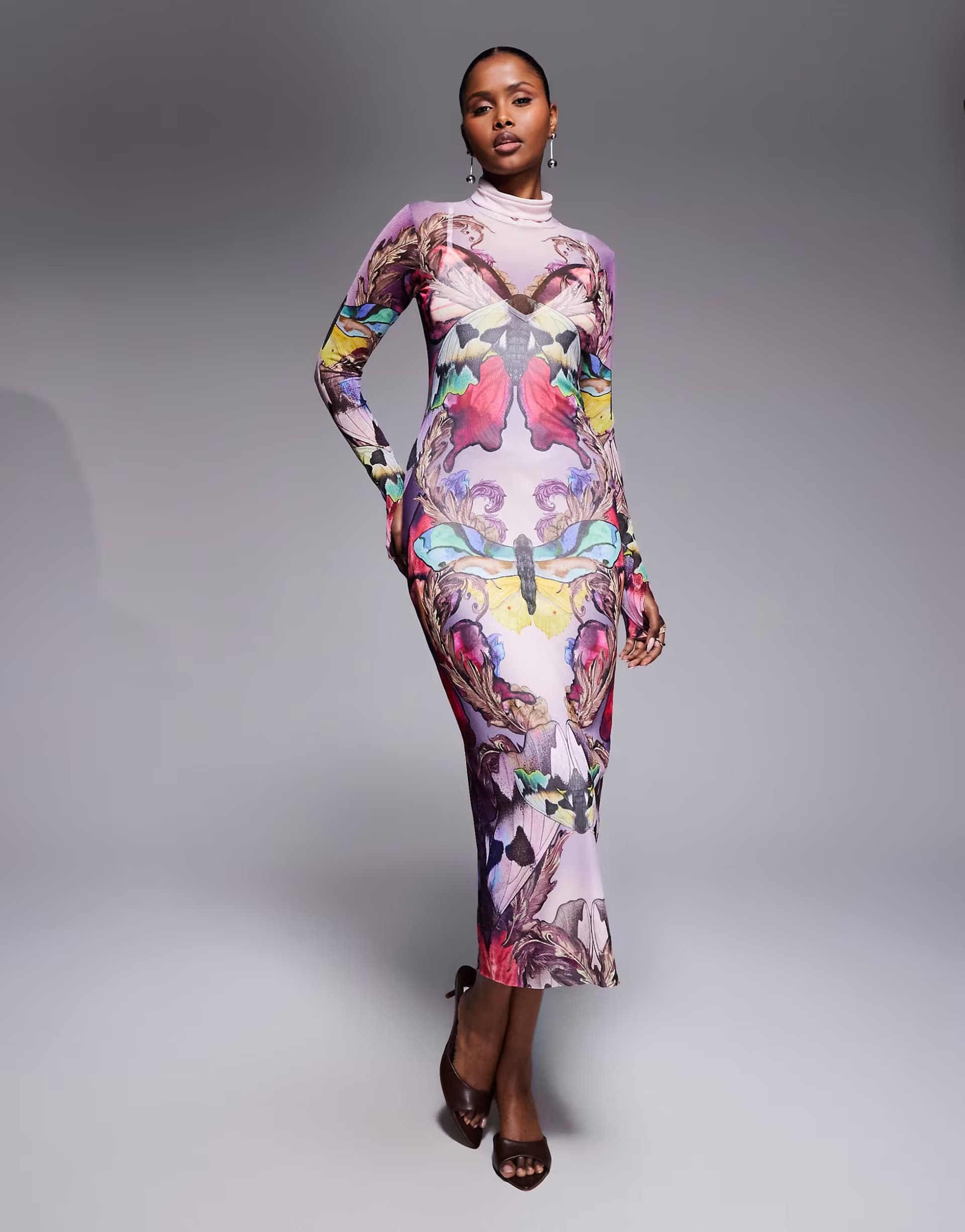 ASOS AFRM Shailene long sleeve turtleneck mesh midi dress in purple ornate
