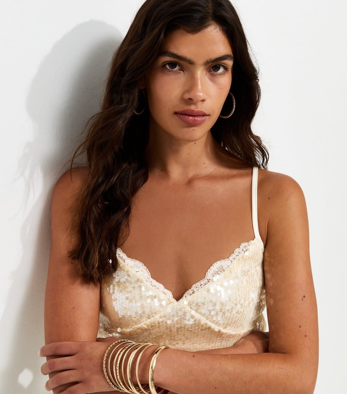 New Look Women's Cream Sequin Embellished Lace Trim Cami Top New Look