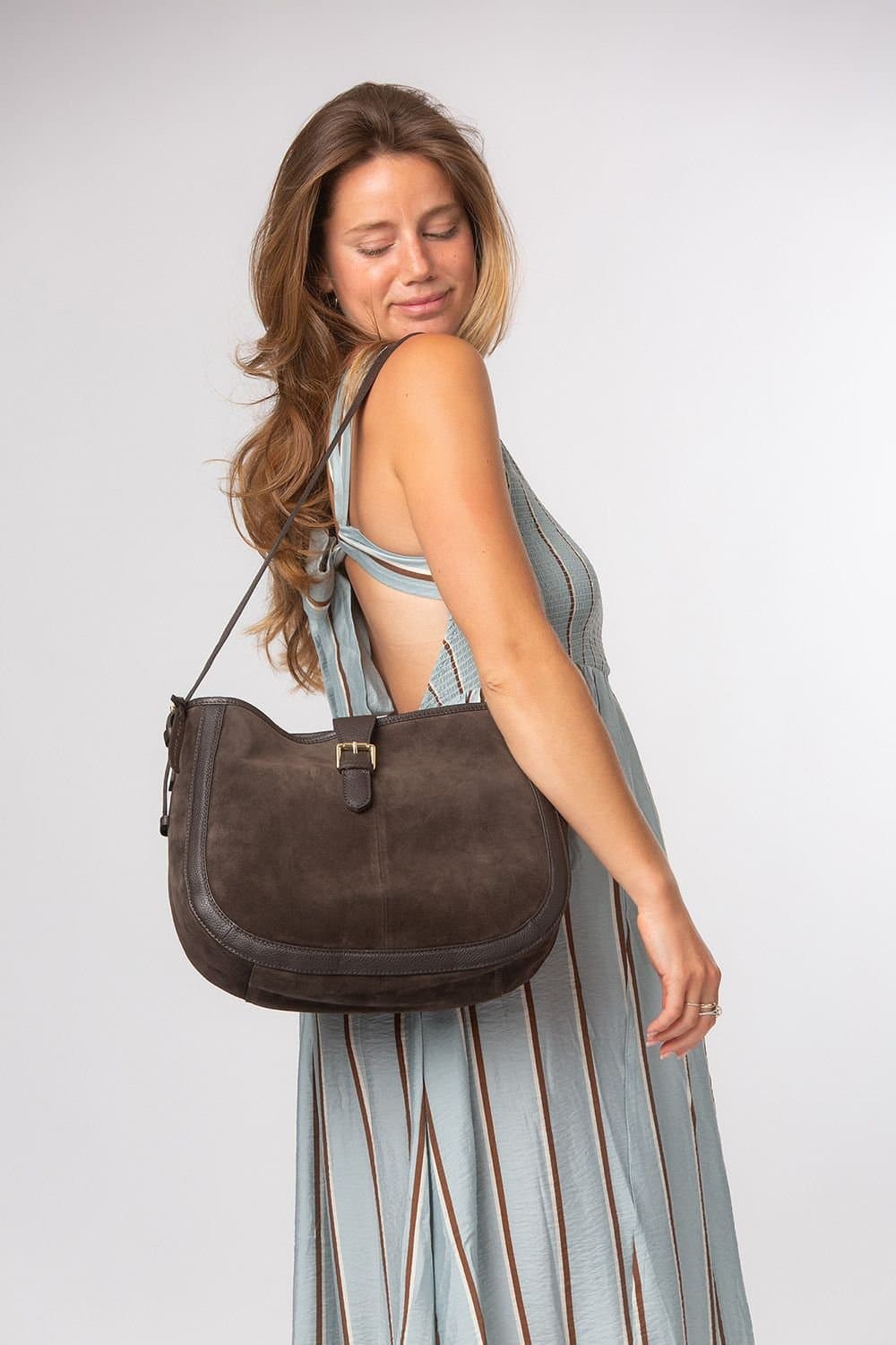 Pure Luxuries London Pure Luxuries London Women's 'Lettie' Suede & Leather Shoulder Bag in Dark Brown
