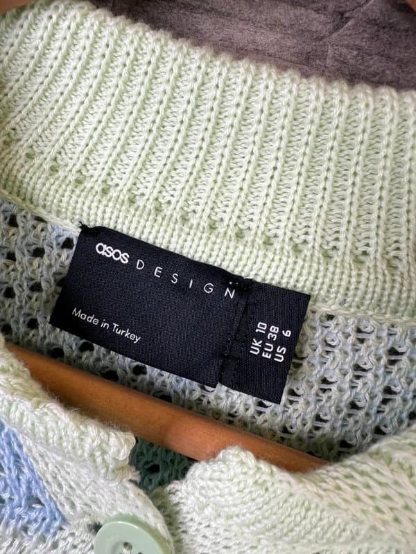 ASOS ASOS Design Womens Crochet Top Size UK 10 Green Blue Checkerboard Cardigan Short Sleeve Boho Knit