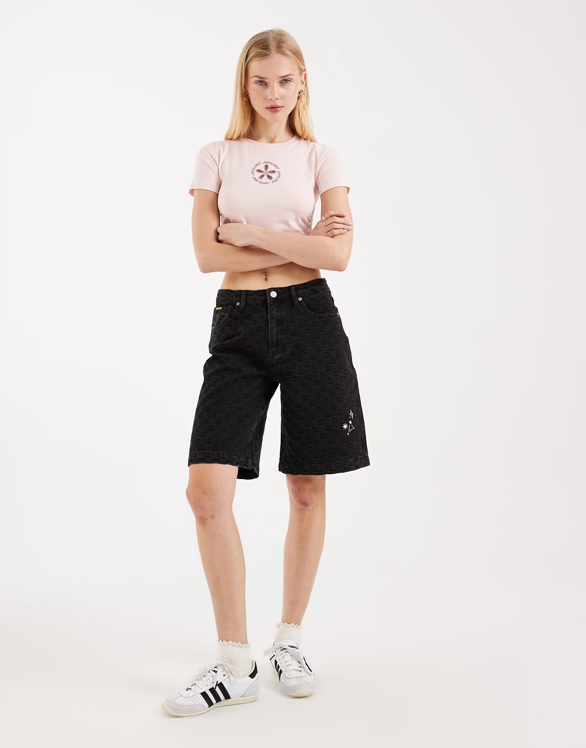 ASOS Santa Cruz Split Sun Shorts in Black Wash Check