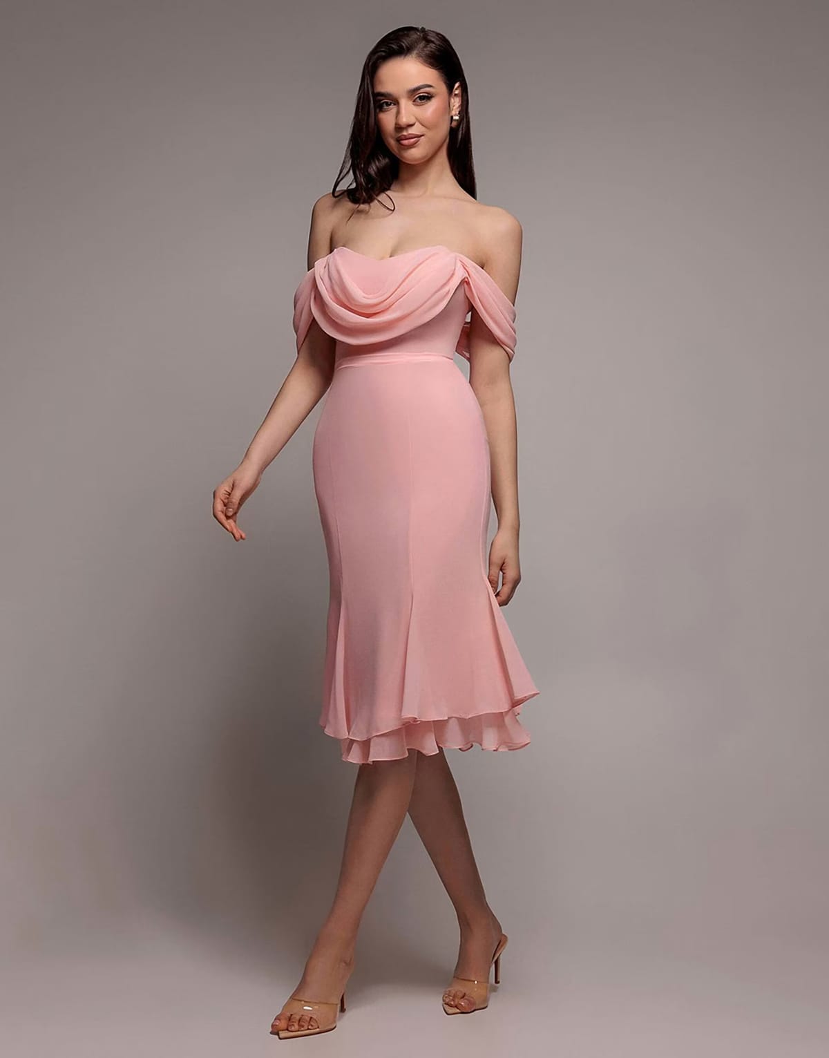 ASOS Goddiva Chiffon cowl off shoulder wing tiered midi dress in blush - 1