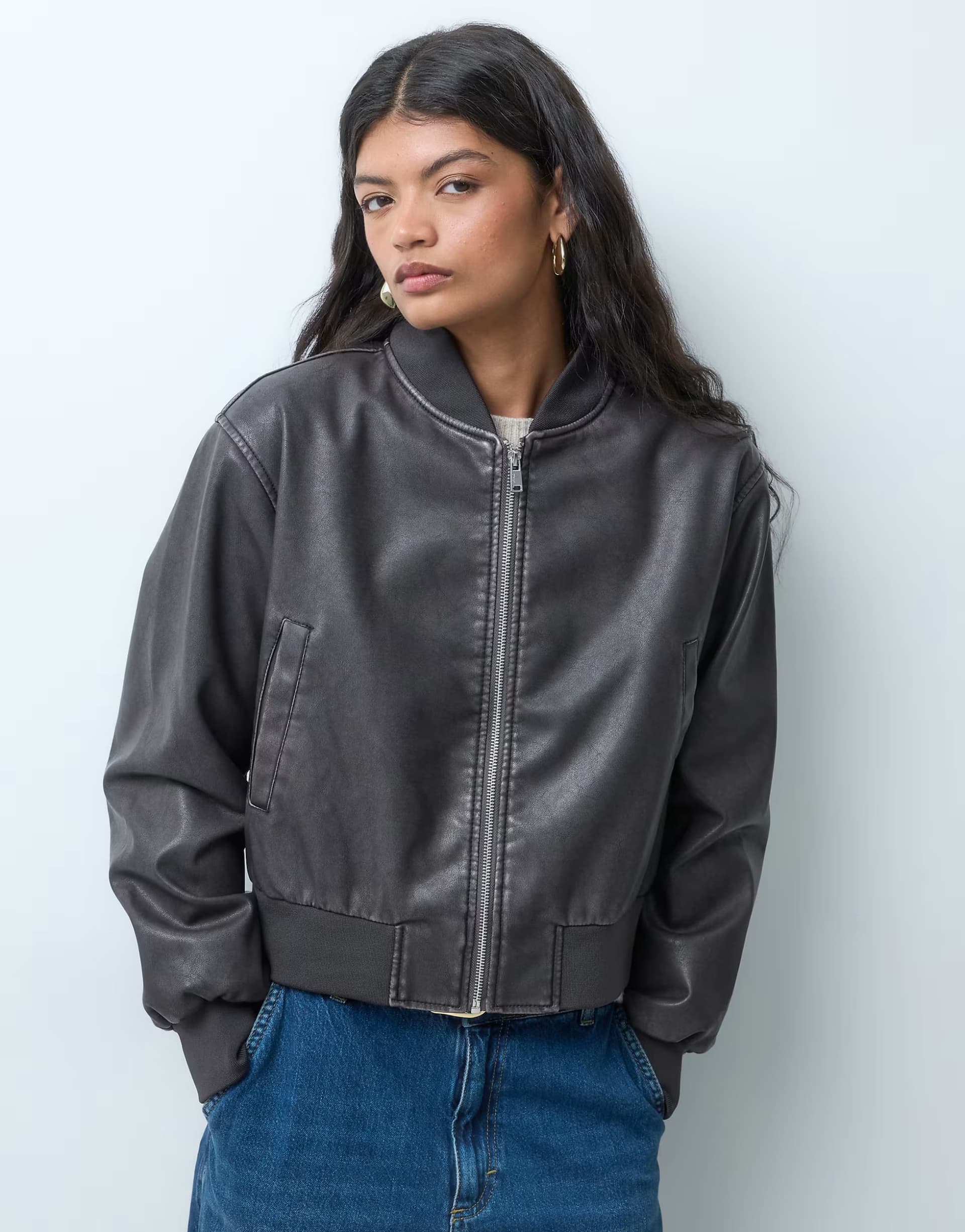 ASOS ONLY faux leather washed bomber jacket in chocolate brown