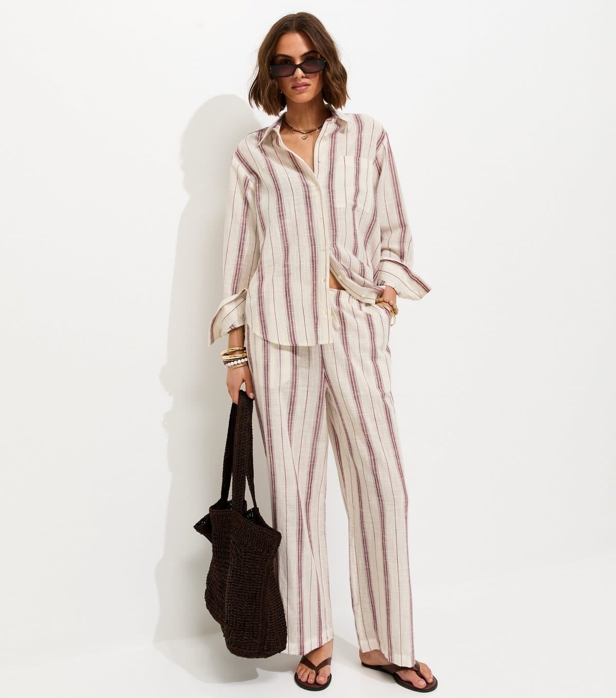 New Look Women's Pink Cotton Striped Wide Leg Trousers New Look