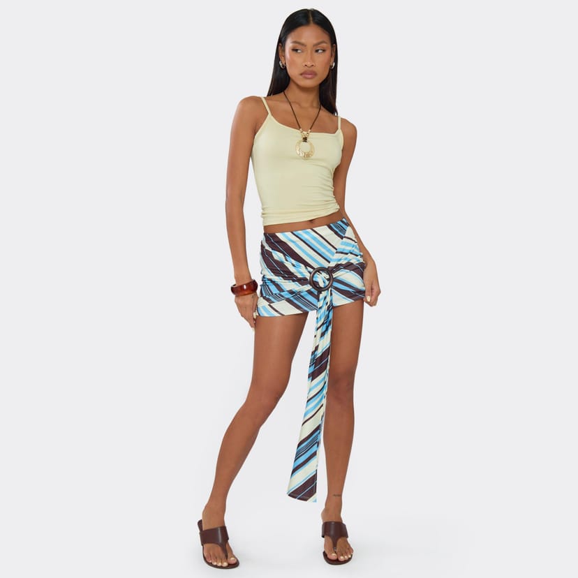 EGO Mid Rise Trim Detail Draped Front Mini Skirt In Blue Stripe, Women's Size UK 6 - 1