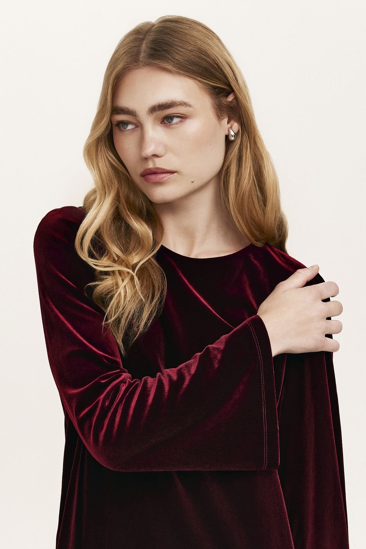 Finery London Finery London Women's Hattie Velvet Round Neck Short Dress in Wine - 4