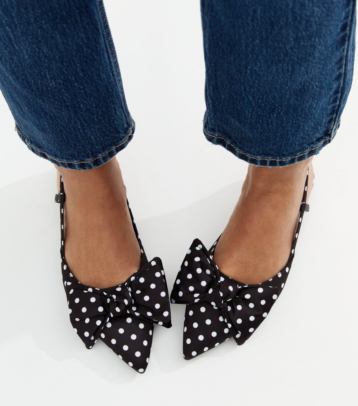 New Look Women's Black Polka Dot Satin Bow Embellished Slingback Flats Vegan New Look