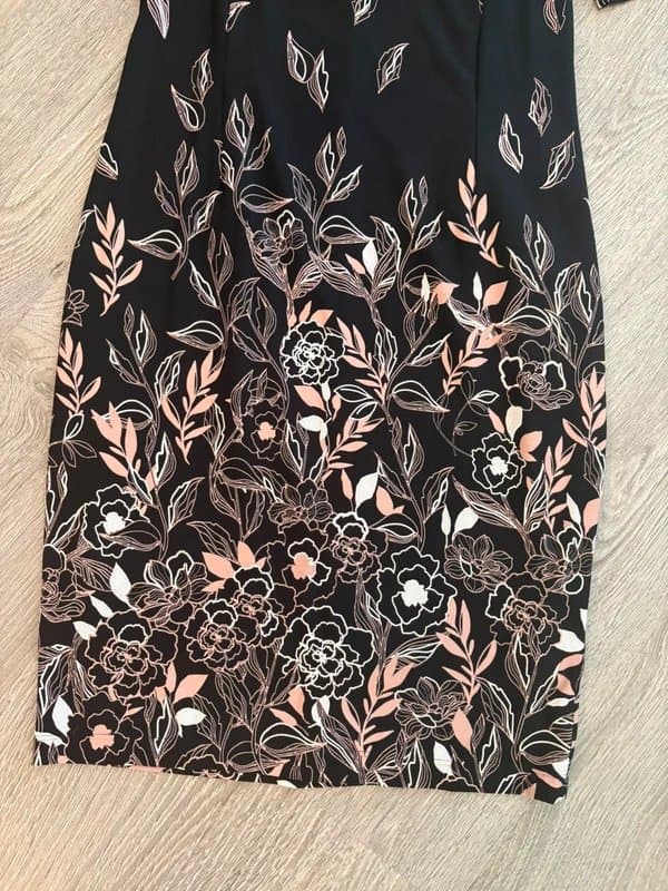ROMAN Roman Black Floral Print Shift Dress Size 12 | Elegant Knee-Length Smart Casual