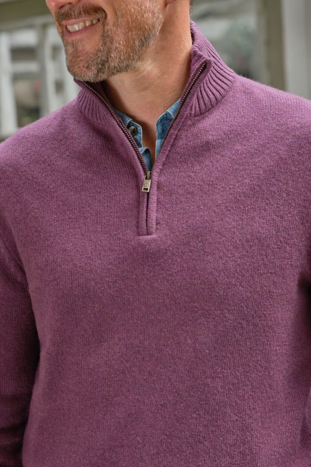 WoolOvers WoolOvers Men's Mens Lambswool Zip Neck Jumper in Plum - 2