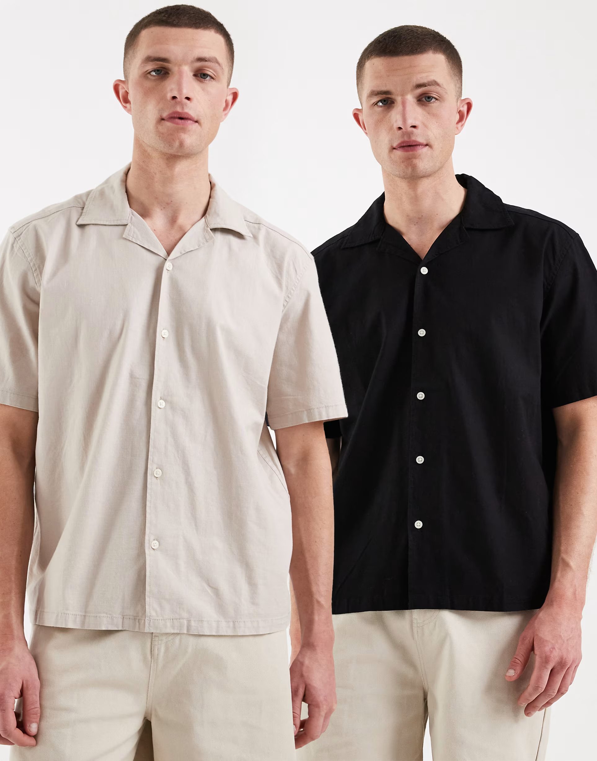 ASOS ONLY & SONS 2 pack cotton rich revere collar shirt in black and beige - 1