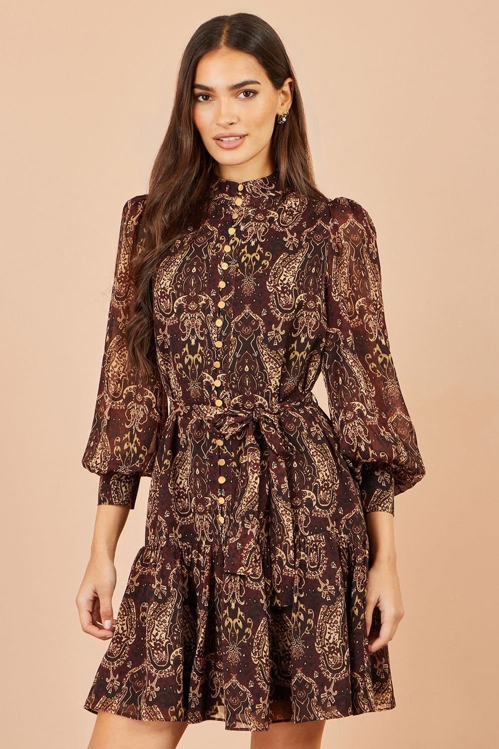 Yumi Yumi Women's Paisley Long Sleeve Shirt Dress in Brown