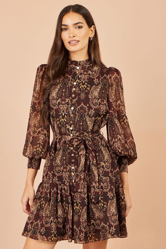 Yumi Yumi Women's Paisley Long Sleeve Shirt Dress in Brown - 2