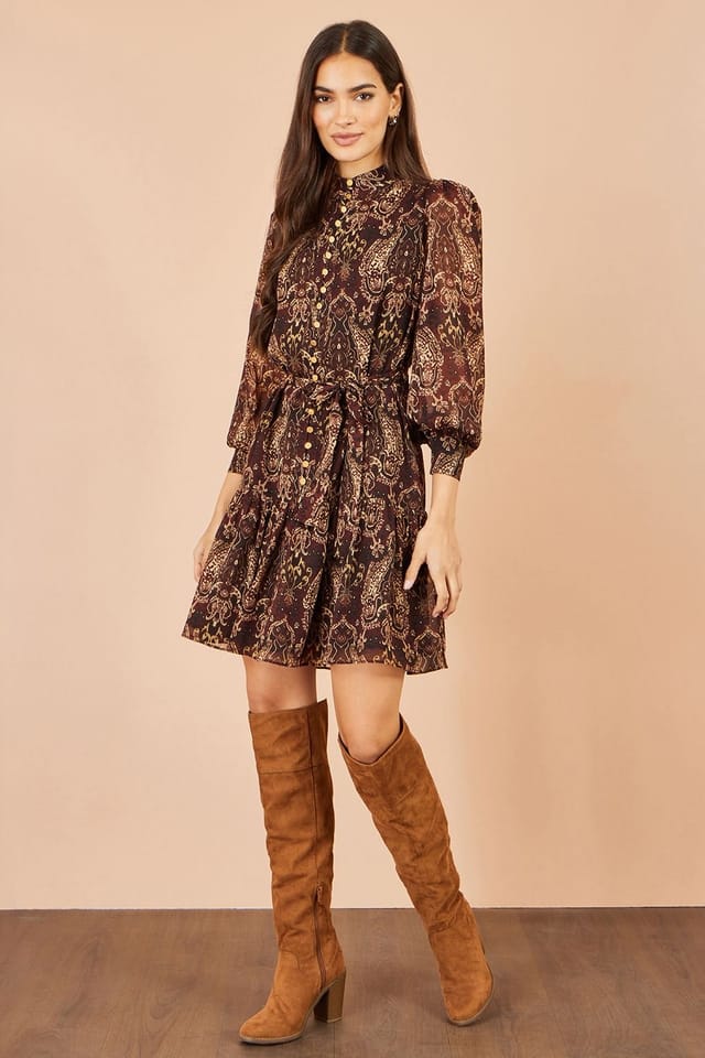 Yumi Yumi Women's Paisley Long Sleeve Shirt Dress in Brown - 3
