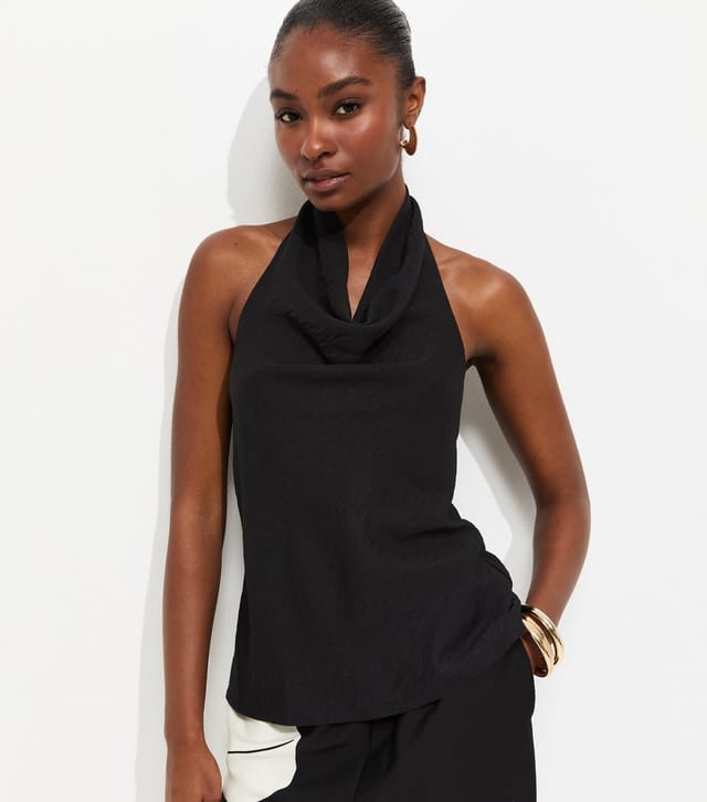 New Look Women's Black Crinkle Texture Cowl Neck Halter Top New Look - 2