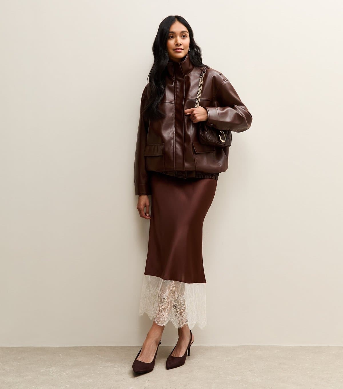 New Look Women's Dark Brown Satin Lace Hem Bias Cut Midi Skirt New Look