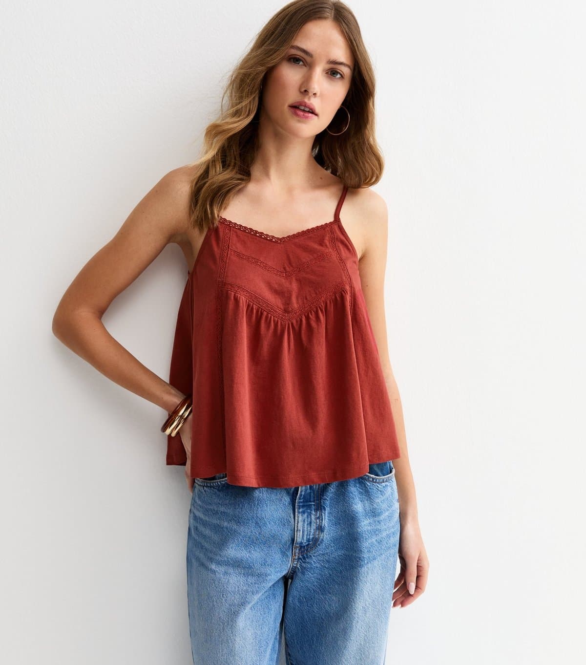 New Look Women's Dark Red Lace Trim V-Neck Cami Top New Look