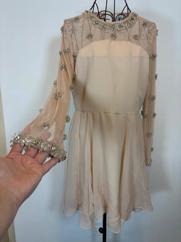 ASOS ASOS Petite Nude Embellished Mesh Sleeve Mini Dress Occasion Party UK 14 RRP £55