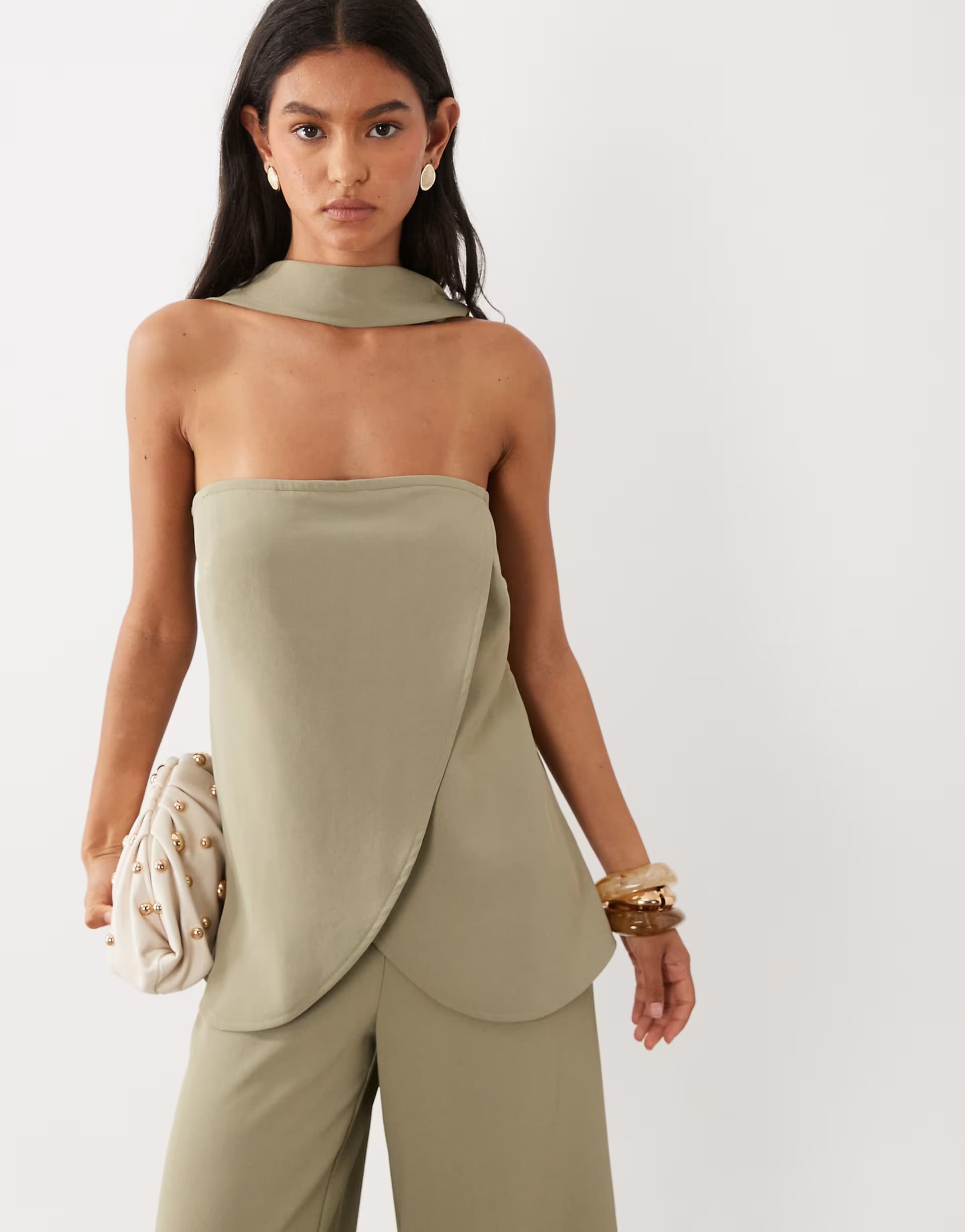 ASOS ASOS DESIGN tailored bandeau top with scarf detail co-ord in soft olive