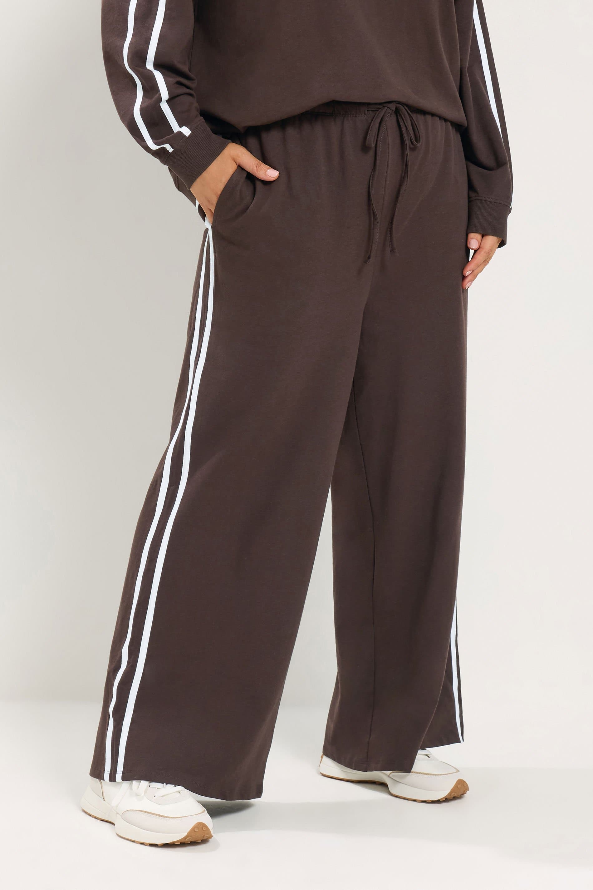 Yours Plus Size Chocolate Brown Side Stripe Wide Leg Joggers