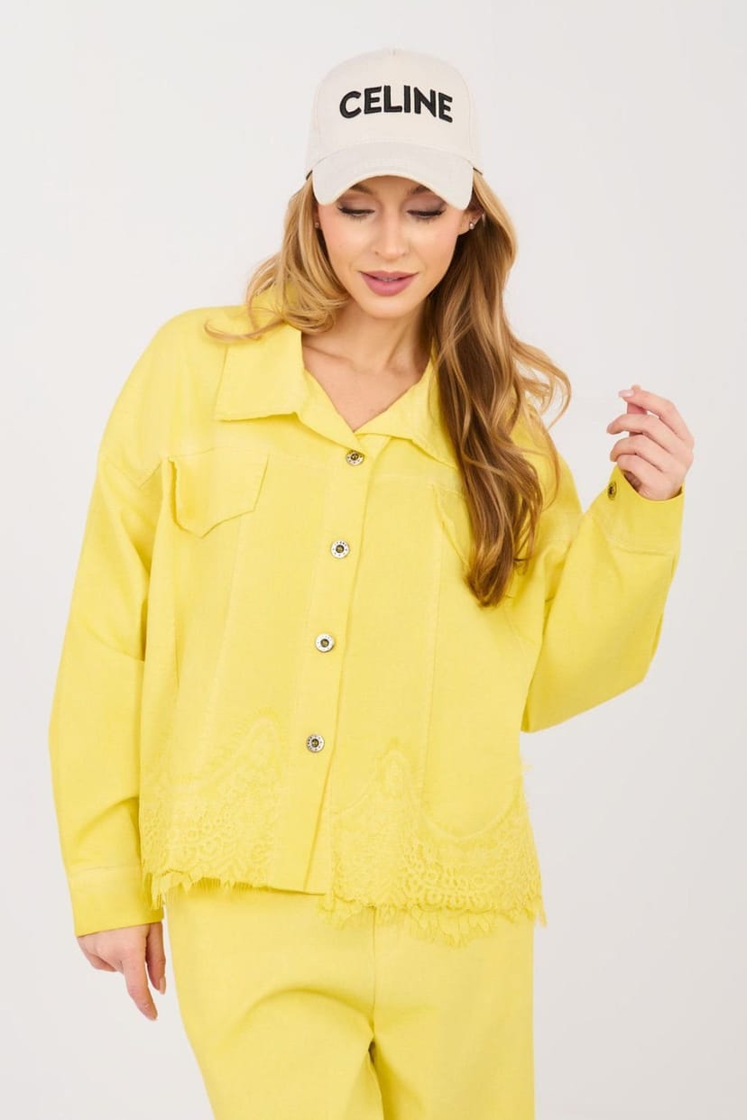 Love Lace Love Lace Women's Classic Denim Jacket with Lace Hem in Yellow - 1