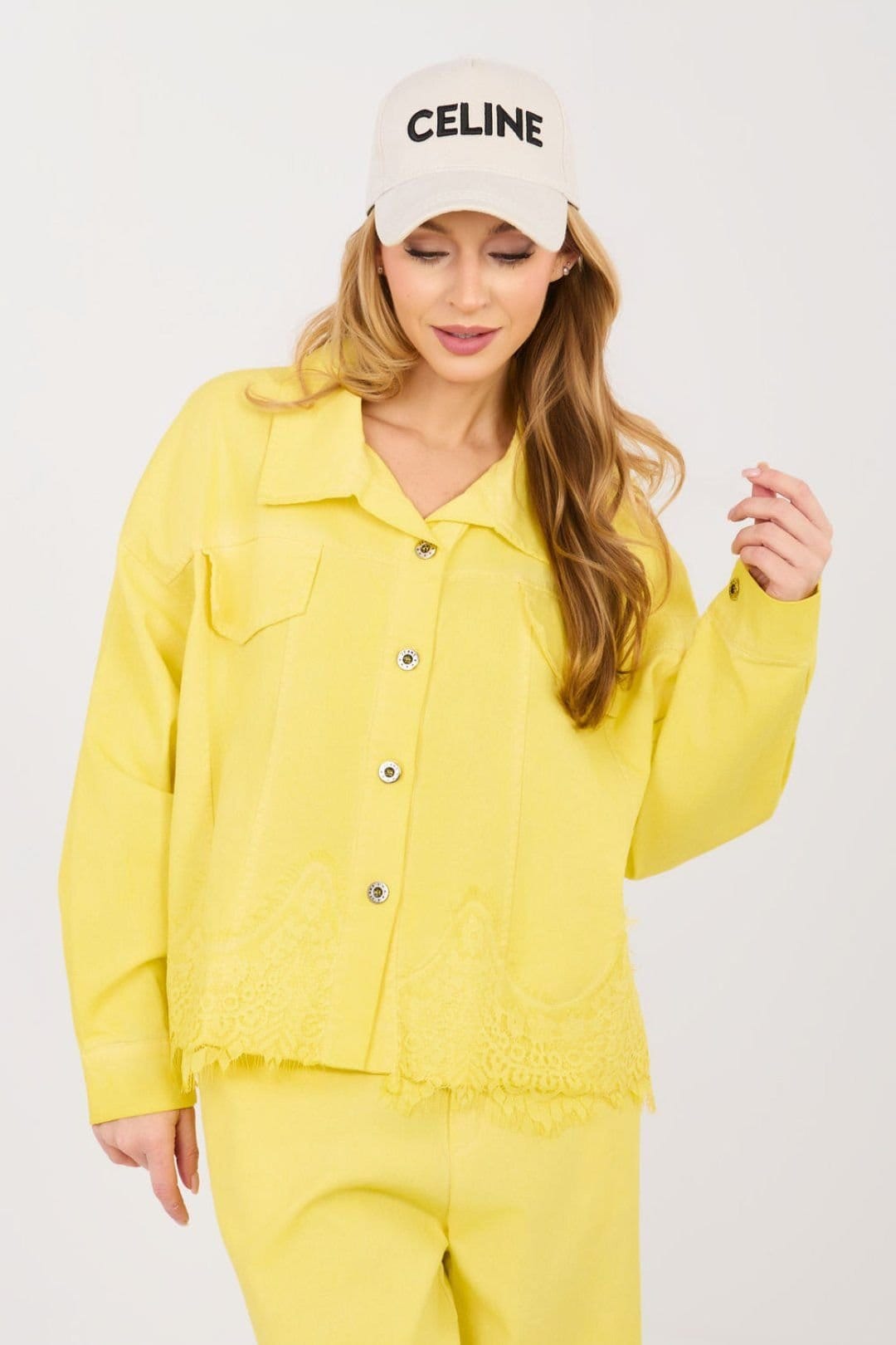 Love Lace Women's Yellow Denim Jacket with Lace Hem