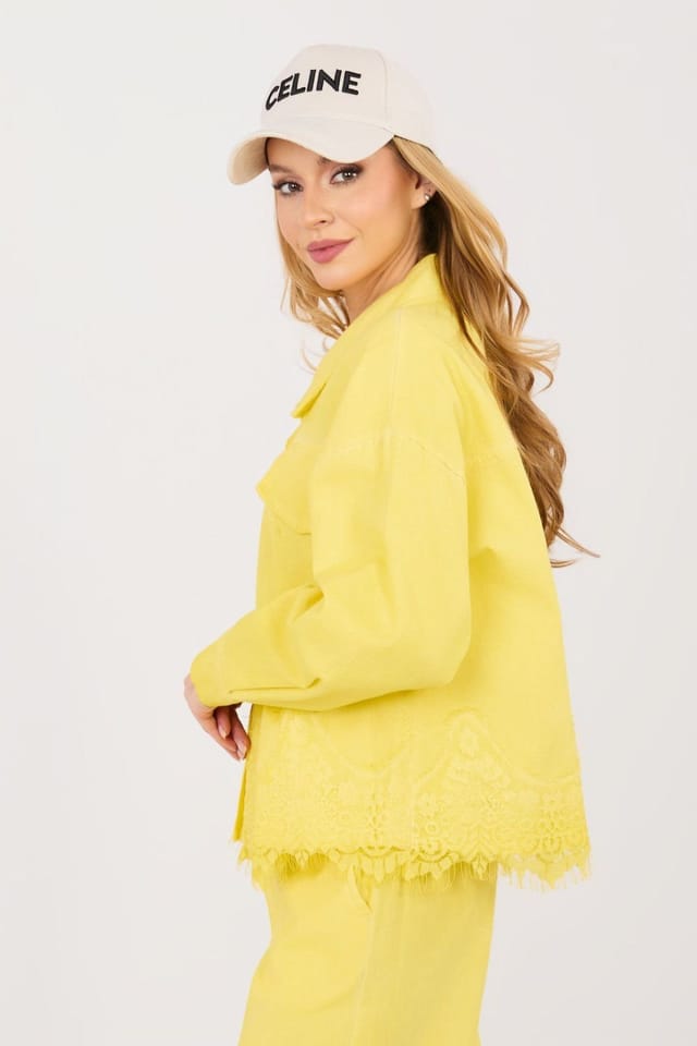 Love Lace Love Lace Women's Classic Denim Jacket with Lace Hem in Yellow - 3