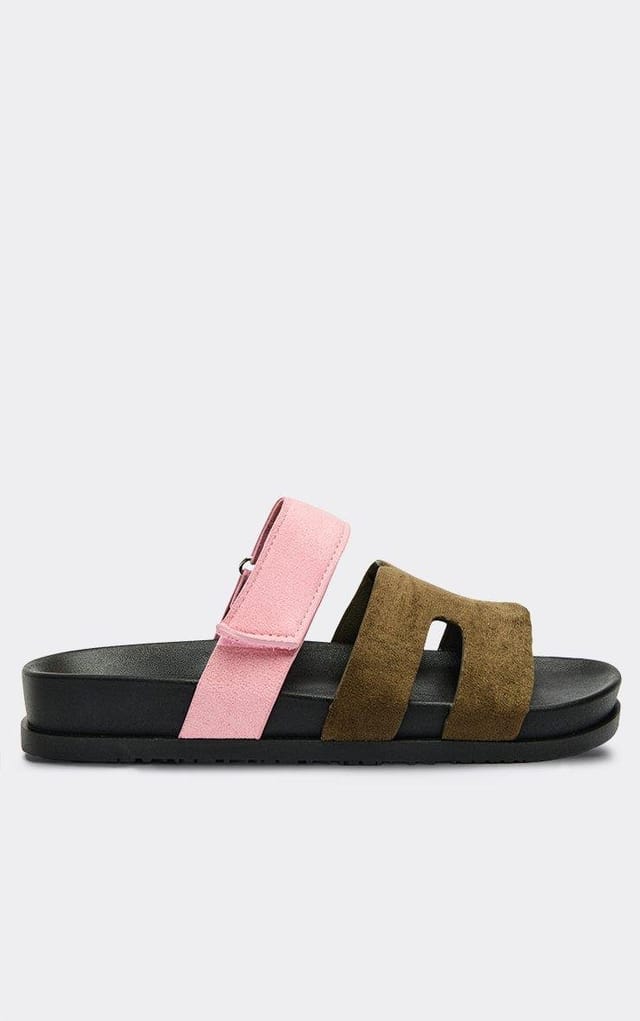 EGO Kildare Gladiator Velcro Strap Chunky Slider Sandal In Olive And Pink Faux Suede, Women's Size UK 3 - 2