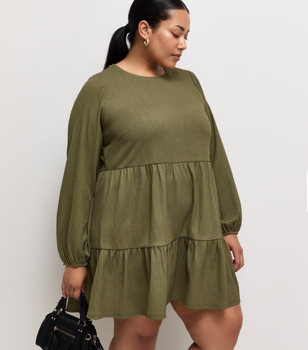 New Look Women's Plus Size Dark Khaki Crinkle Texture Long Sleeve Smock Mini Dress Curves New Look
