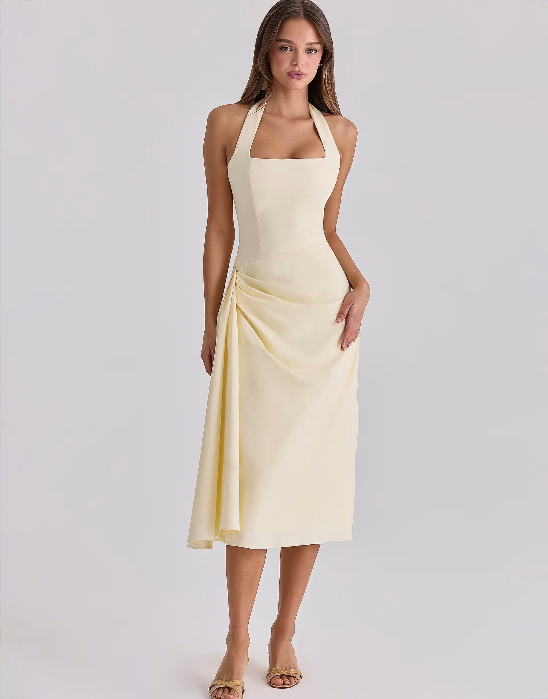 ASOS House of CB Tallulah lemon halter neck cotton midi dress in lemon