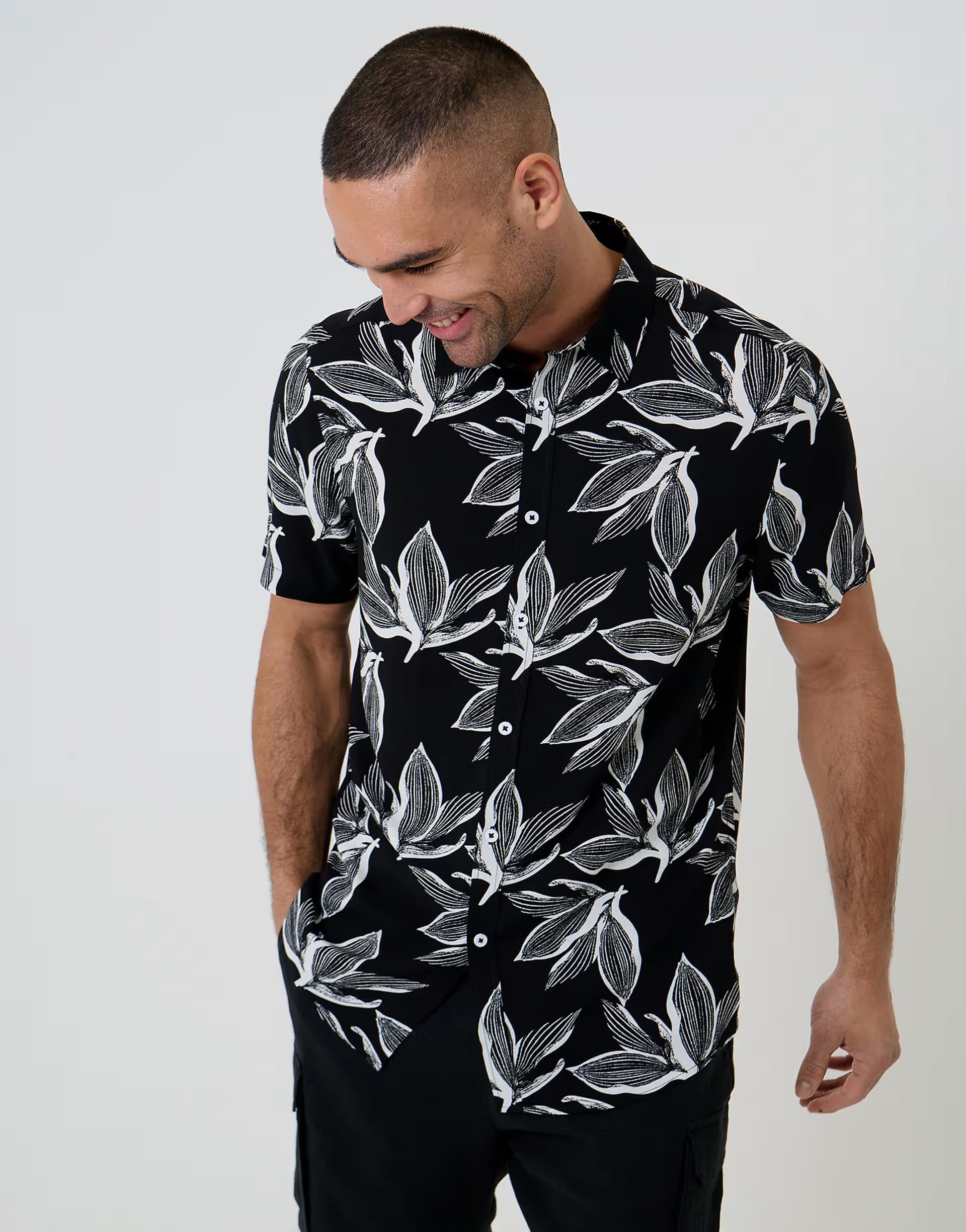 ASOS Threadbare Leaf print short sleeve shirt in black