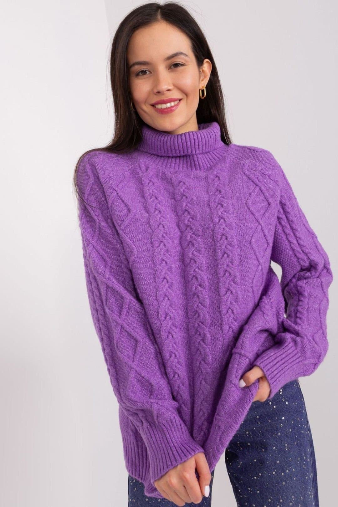 Love Lace Love Lace Women's Plaid Textured Acrylic Turtleneck Sweater in Violet