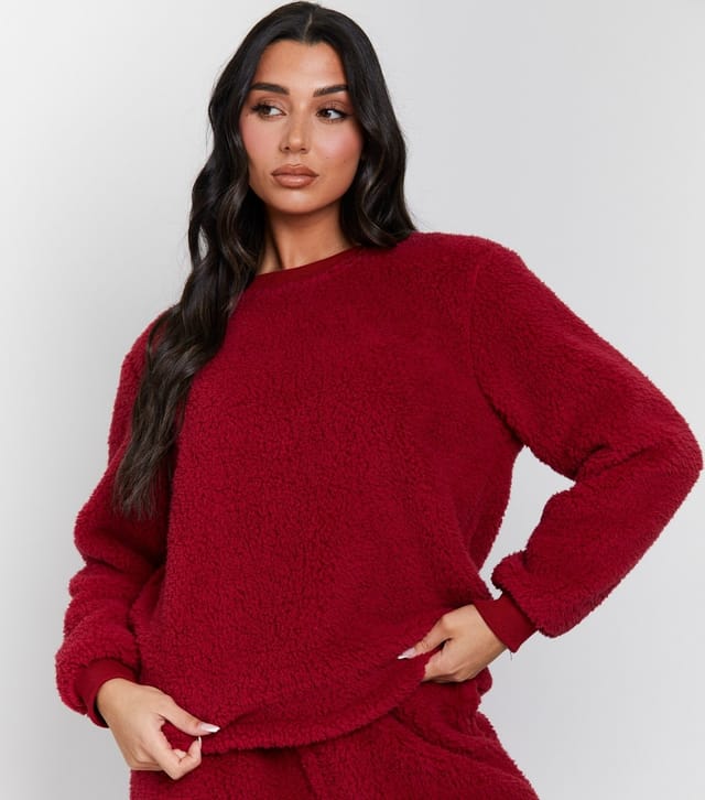 Loungeable Women's Burgundy Borg Lounge Set Loungeable New Look - 2