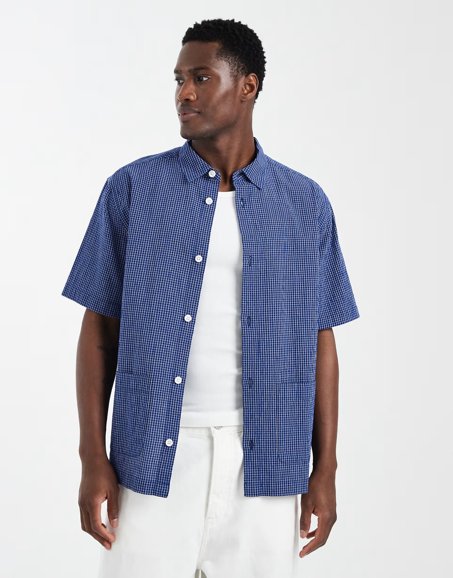 ASOS ASOS DESIGN relaxed micro check shirt with pockets in blue - 1