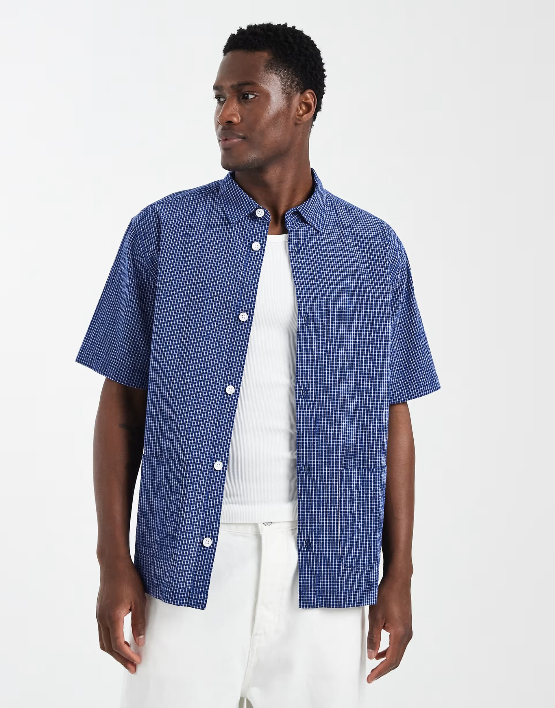 ASOS ASOS DESIGN relaxed micro check shirt with pockets in blue