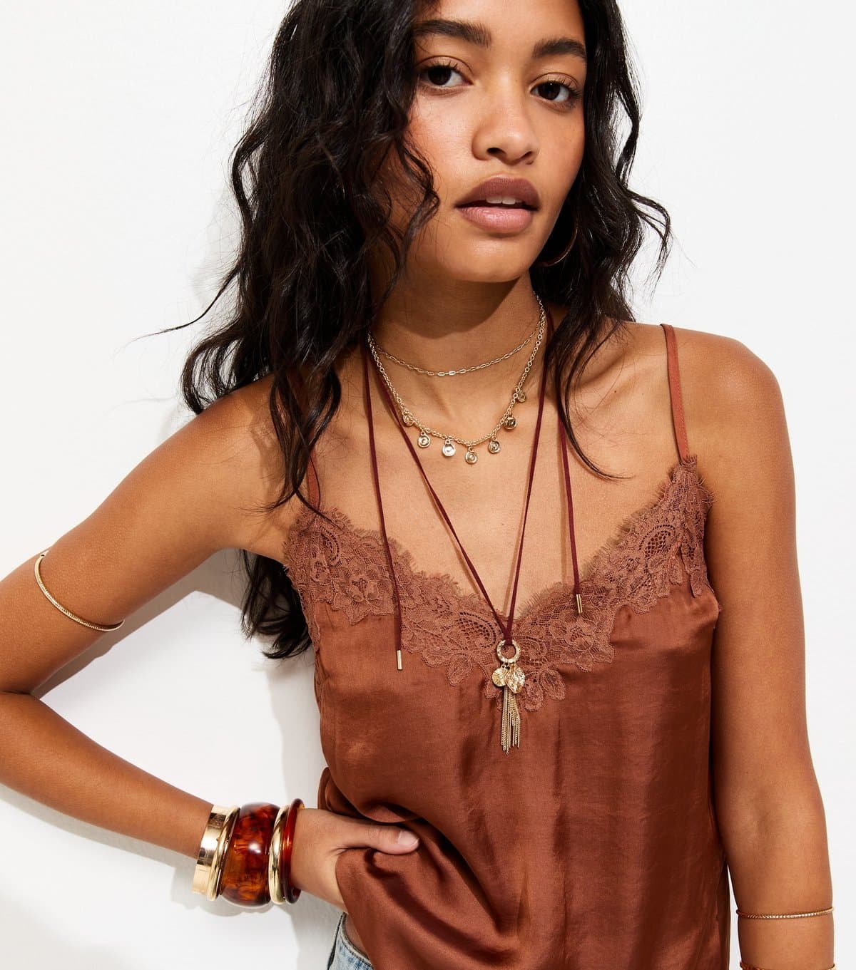 New Look Women's Brown Lace Neck Cami Top New Look