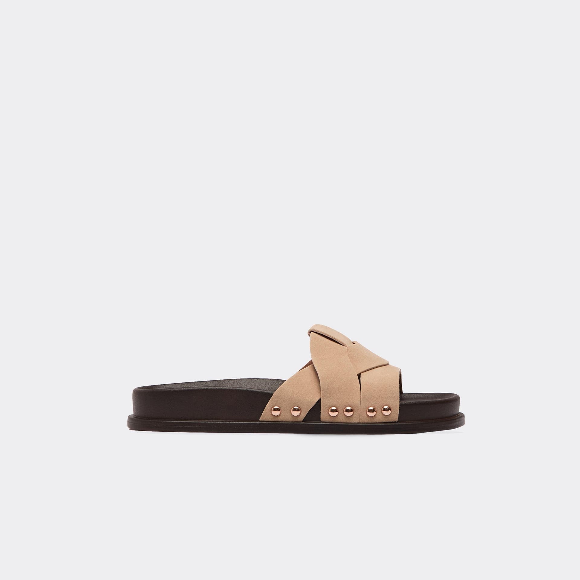 EGO Rhoss Stud Detail Woven Strap Flat Slider Sandal In Beige Faux Suede, Women's Size UK 3