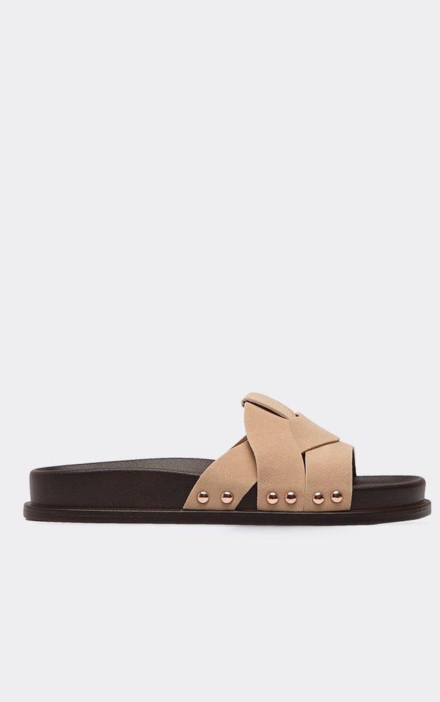 EGO Rhoss Stud Detail Woven Strap Flat Slider Sandal In Beige Faux Suede, Women's Size UK 3 - 2