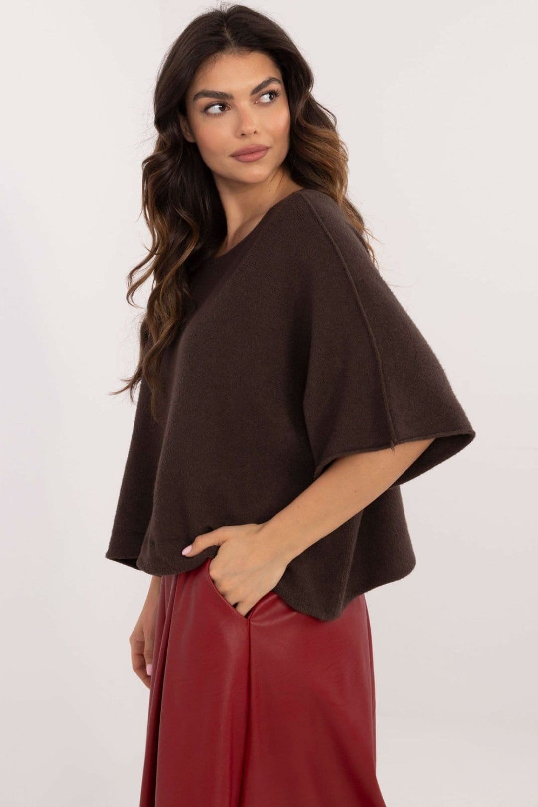 Love Lace Love Lace Women's Elegant Reversible Oversize Short Sleeve Sweater in Brown - 4