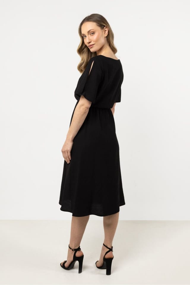 Love Lace Love Lace Women's Elastic Waist Day Dress with Split Sleeves in Black - 2