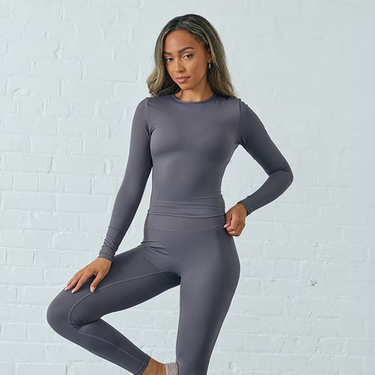 EGO Long Sleeve Crew Neck Sculpting Top In Slate Blue, Women's Size UK 6