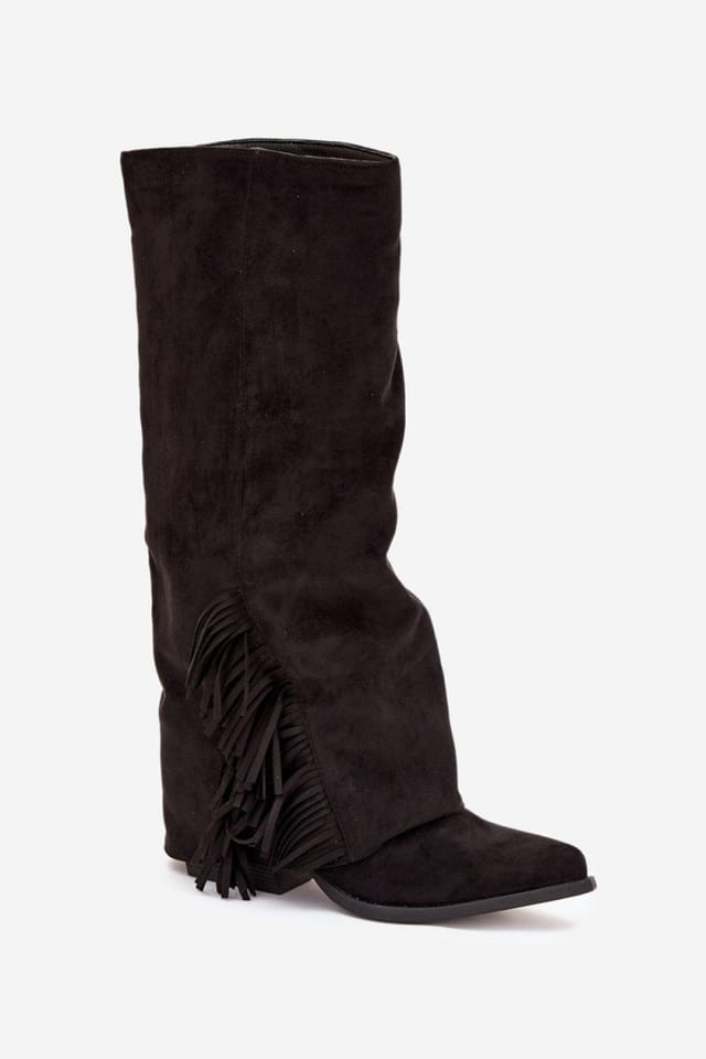 Love Lace Love Lace Women's Fringe Slip On Cowboy Chunky Heel Boots in Suede Pointed Toe in Black - 2